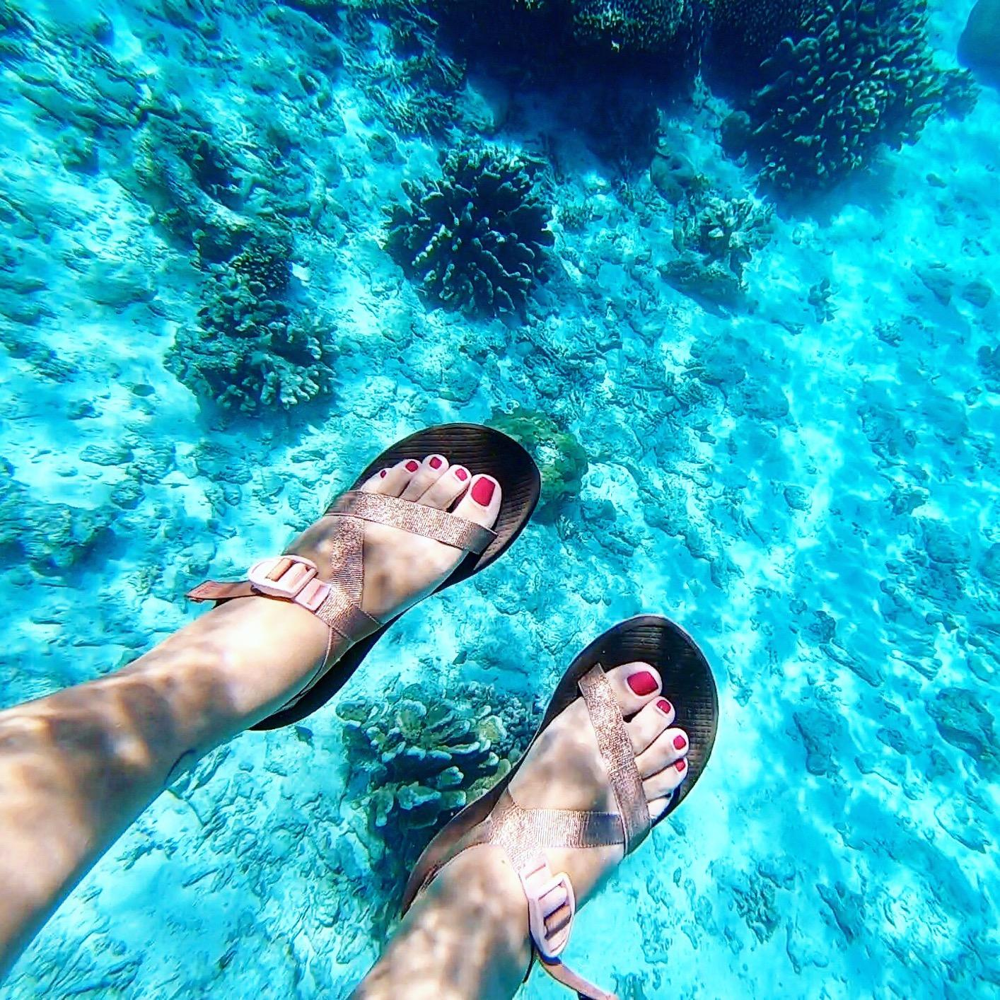 reviewer wearing chacos successful  the water