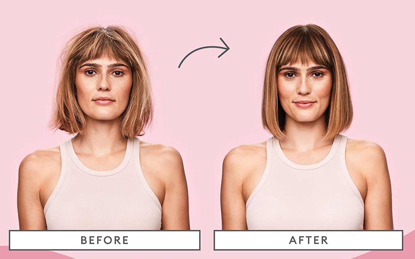 Model showing before-and-after results of using Briogeo Farewell Frizz Rosarco Milk Leave In Conditioning Spray