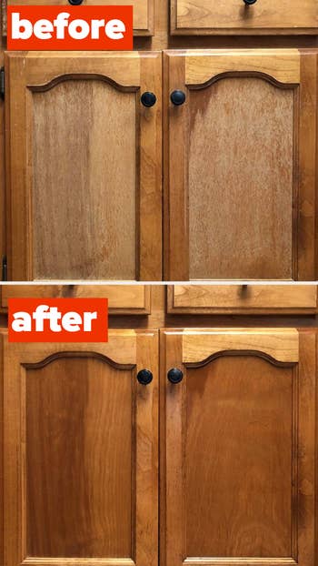 reviewer before and after photo of wooden cabinets for the polish