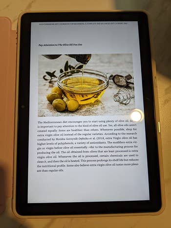 the fire tablet showing a page with text and an image