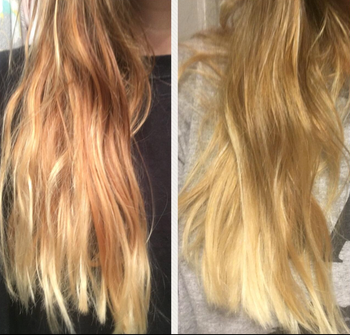 Reviewer's hair before using the pillow with less volume, and after using it with more 