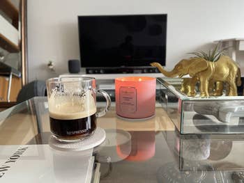 reviewer photo of coffee mug on coaster on coffee table