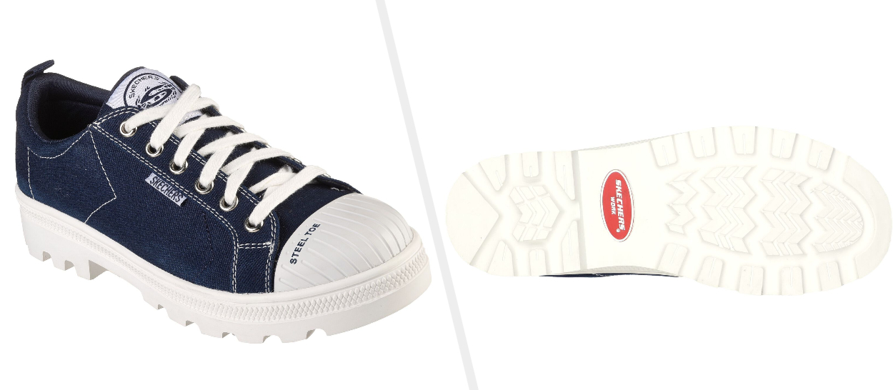 Two images of navy and white sneakers