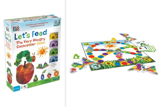 Game box with illustration of caterpillar and apple next to game board with game pieces 