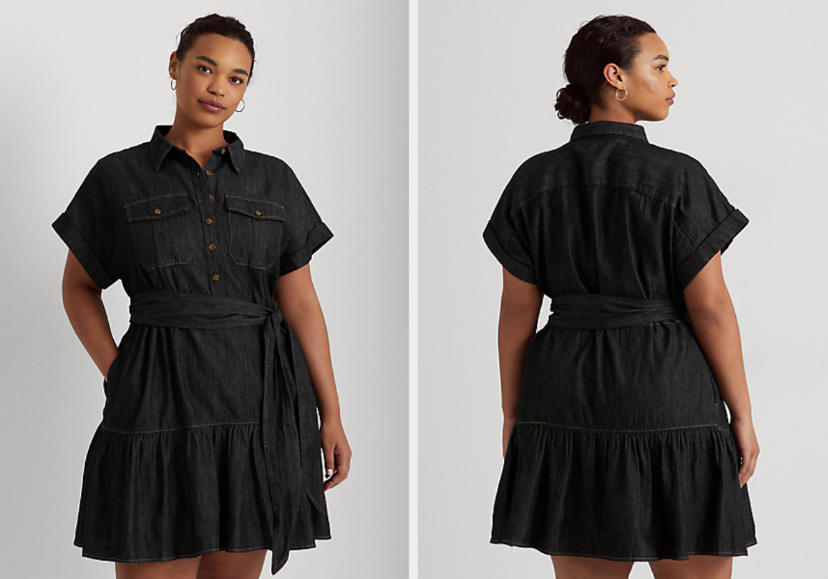 Two images of model wearing denim dress with sash