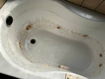Dirty bathtub with important    grime and stains, showcasing a request   for cleaning products