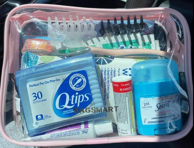 Entertainment news Celebrity gossip Movie and TV show updates Latest celebrity news Trending entertainment stories Clear travel pouch with Q-tips, hair clips, deodorant, lip balm, Tylenol, and tissues, ideal for on-the-go convenience