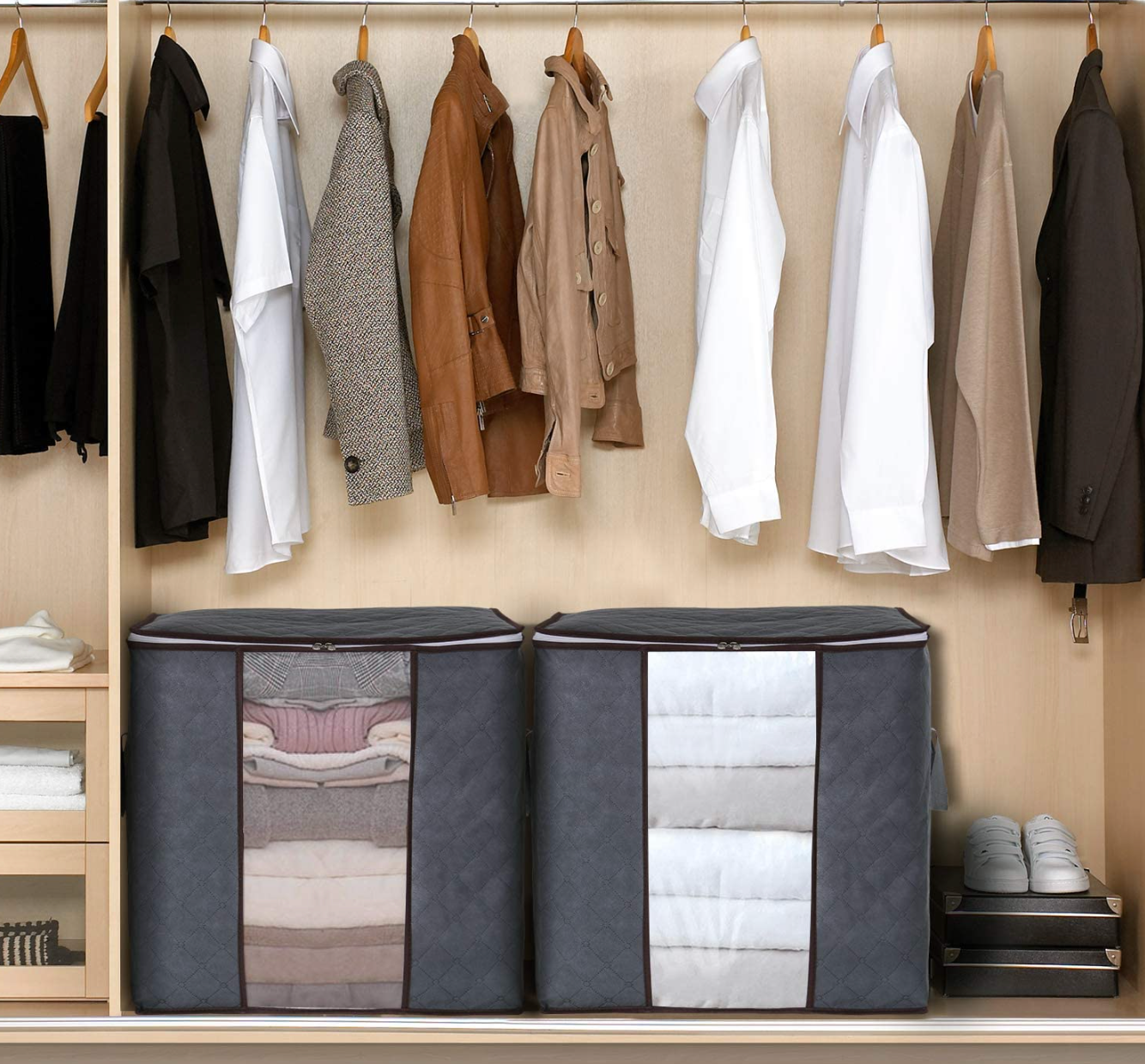 Two storage bags placed at bottom of closet