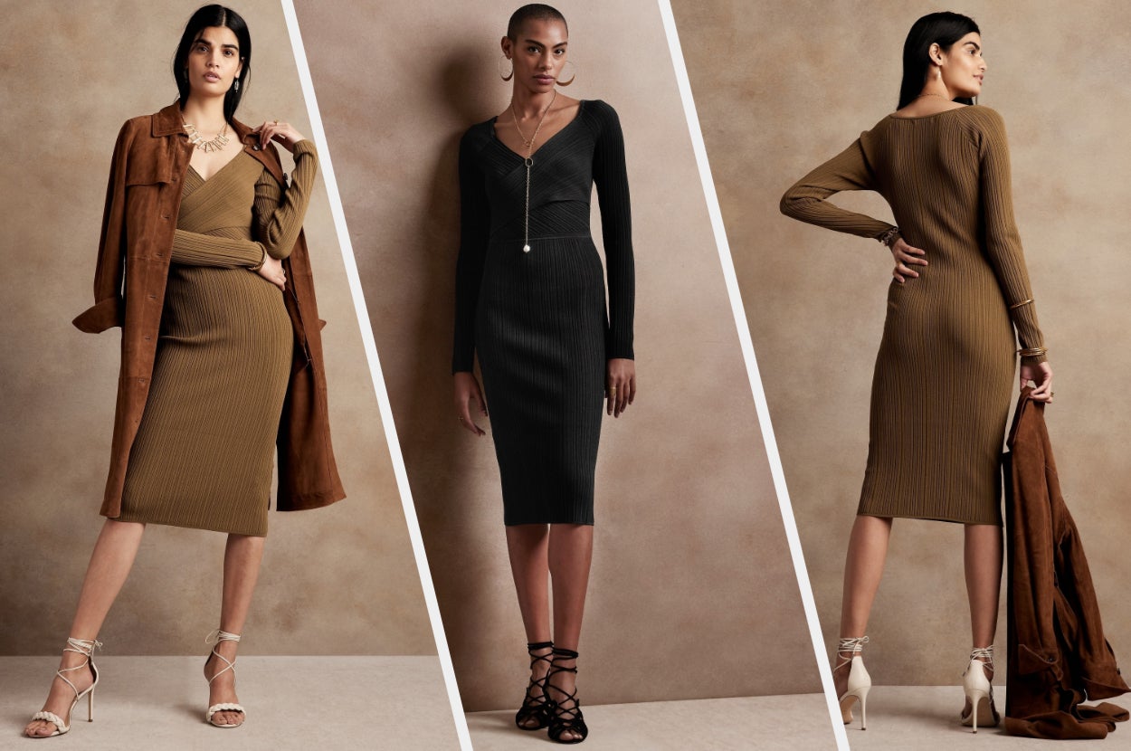 Three images of models wearing brown and black dresses