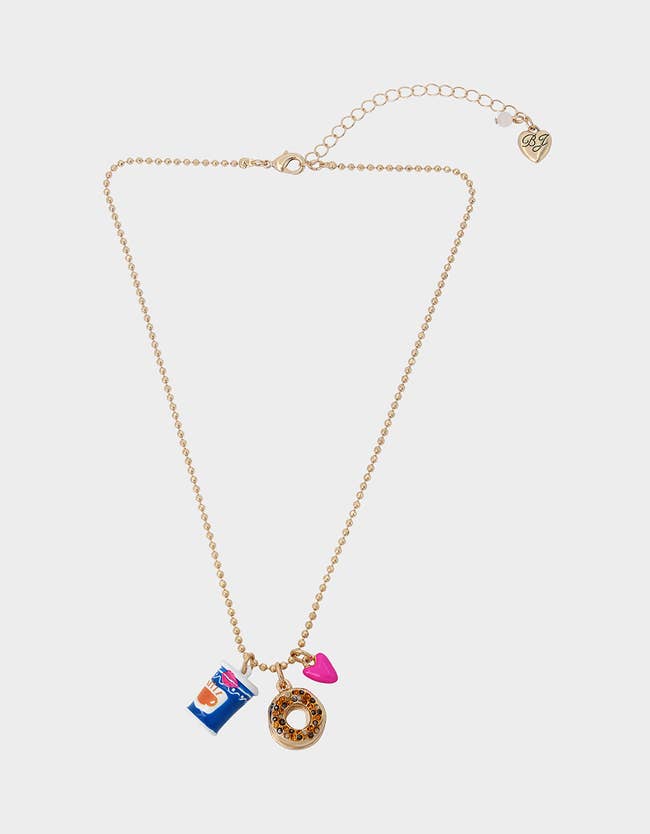 gold adjustable ball chain with blue coffee cup, rhinestone everything bagel, and pink heart charms