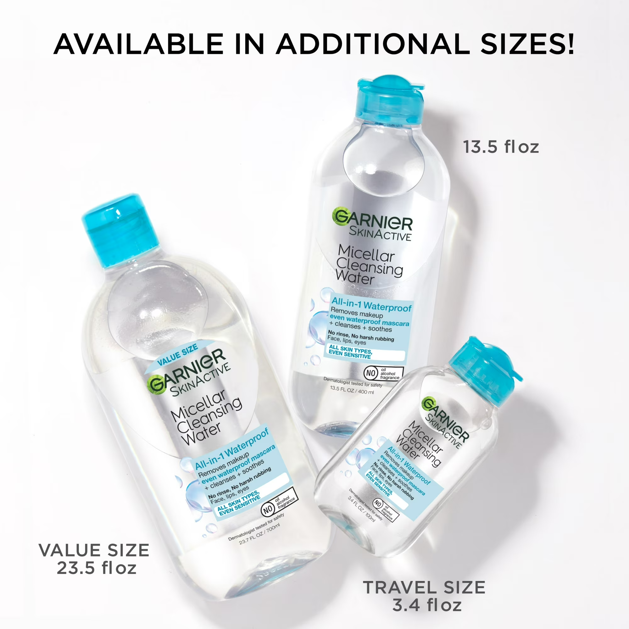 Three bottles of Garnier Micellar Cleansing Water, labeled arsenic  All-in-1 Waterproof, disposable  successful  13.5 fl oz, 23.5 fl oz, and 3.4 fl oz sizes