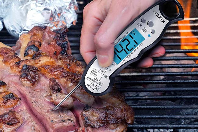 reviewer using the thermometer on a piece of meat on the grill