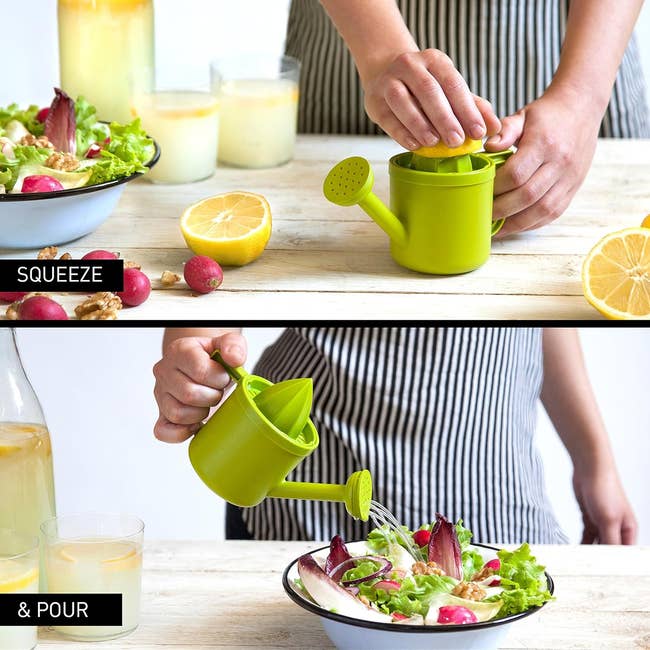 Person using a green 2-in-1 juicer to squeeze and pour lemon juice on salad, showcasing product functionality