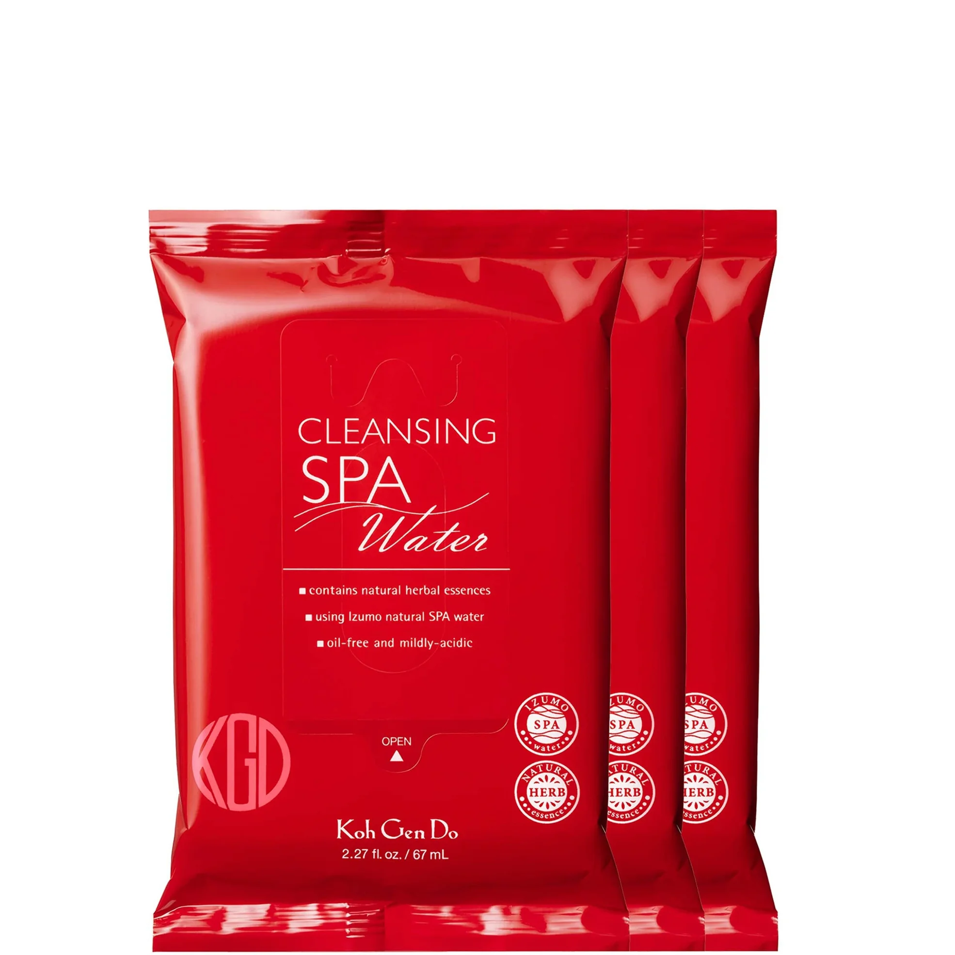 Packets of Koh Gen Do Cleansing Spa Water with herbal essences, designed for oil-free and mildly acidic skincare
