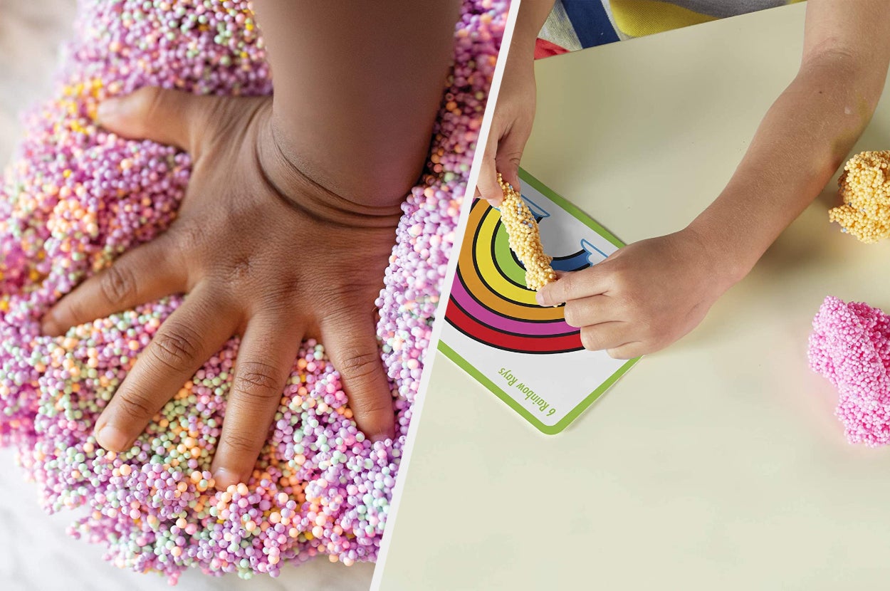 Split image of children's hands playing with foam