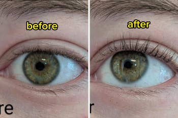Close-up examination of an eye, showing eyelashes earlier and aft applying a merchandise to heighten lash magnitude and volume