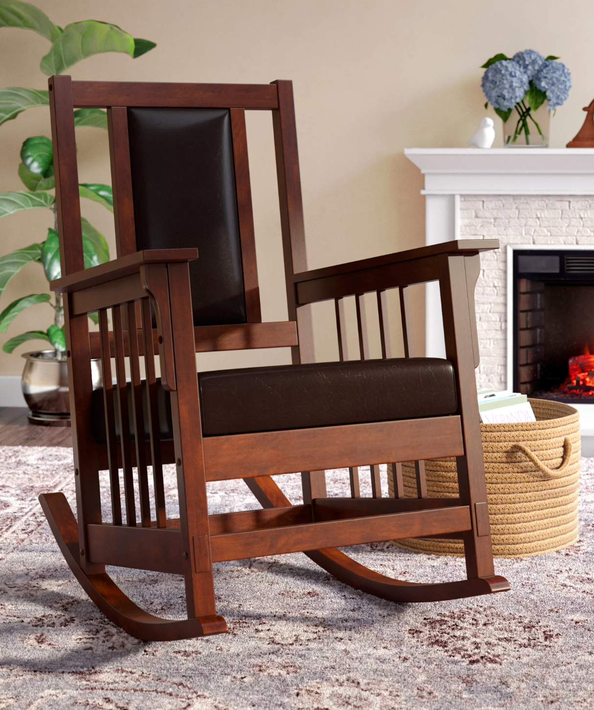 Dark brown wooden rocking chair with slated side and padded backing and seat in brown