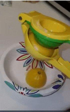 Reviewer clamping down on hand held squeezer to extract fresh lemon juice 
