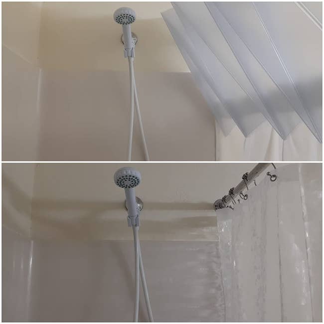 Two showerheads against tiles; one mounted high, the other midway, with a folded shower curtain on the right