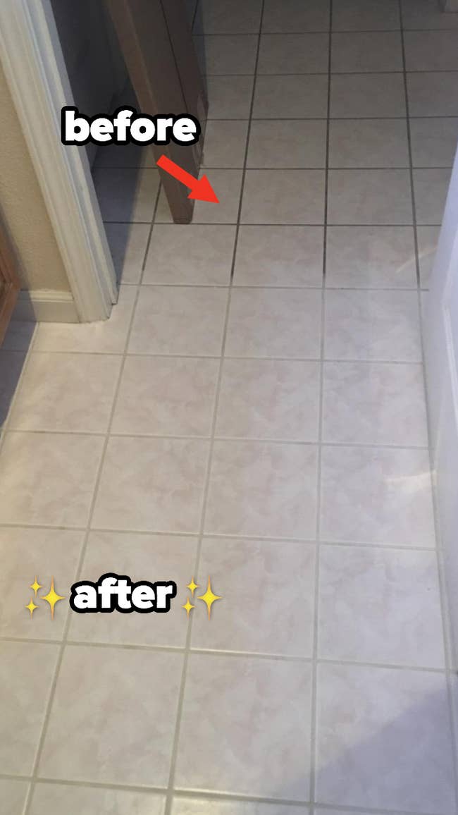 a tile floor that's been partially cleaned with the grout cleaner, with one side looking noticeably cleaner with white looking grout