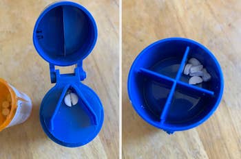 Reviewer's blue pill cutter and storage unit 