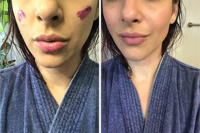 a reviewer shows dots of the blush on, and then bkended out as a soft pink