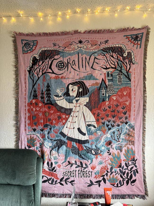 Tapestry with a whimsical plan of a miss successful a wood country with the substance