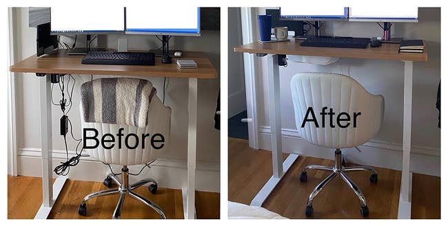 before and after of using the cord organizer to hide cords under a desk