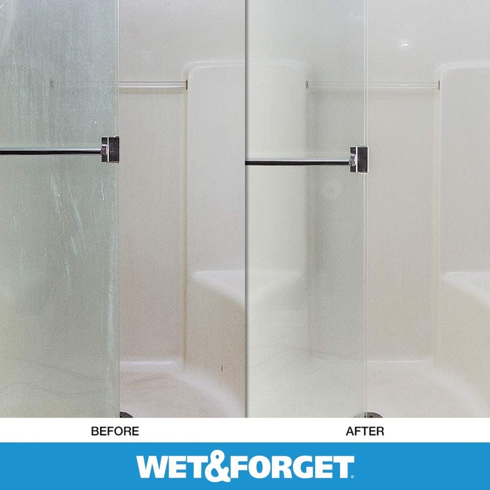 a glass shower door before and after using wet and forget