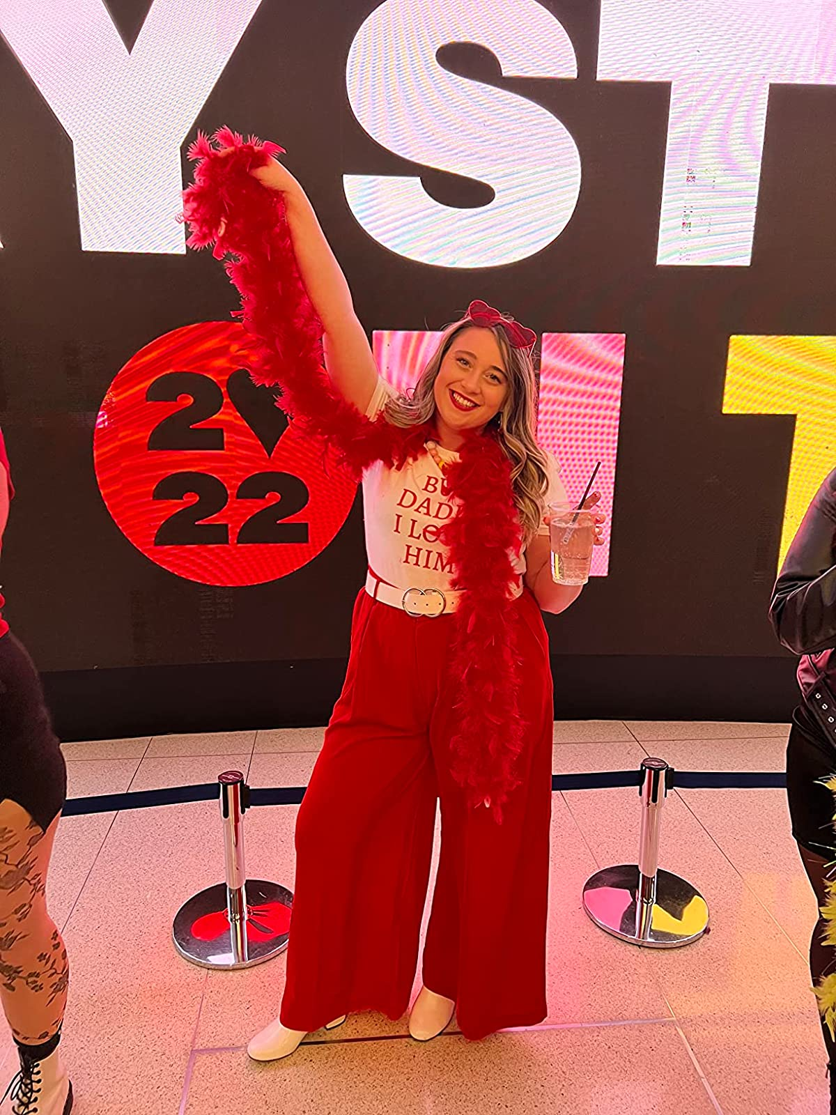 a reviewer wearing the pants in red