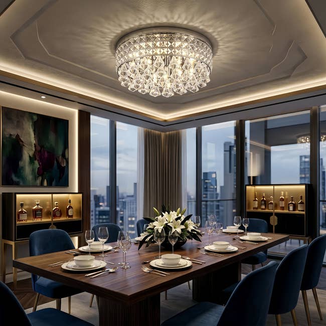 Elegant eating country with a woody array acceptable with plates and glasses, nether a crystal chandelier; cityscape disposable done ample windows