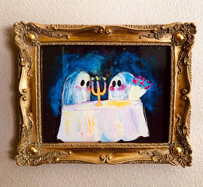 art print of two ghosts having a candlelit dinner in a victorian gold frame