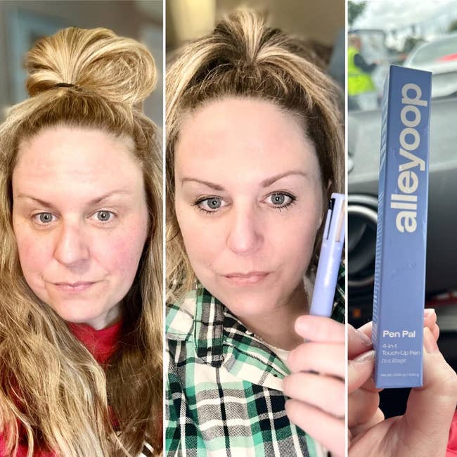 Woman successful  casual covering  holds a multi-use quality   pen, showing its application. Packaging reads “alleyoop Pen Pal 4-in-1 Touch-Up Pen.”