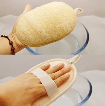 a model's hand wearing the loofah