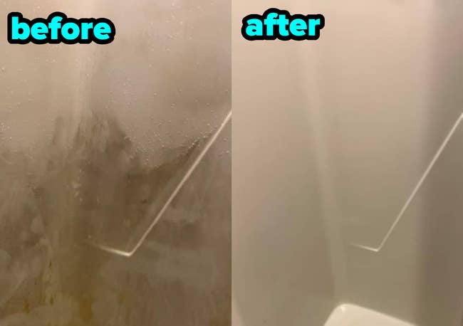 Before and after images of a shower door, the left side shows soap scum and the right side is clean