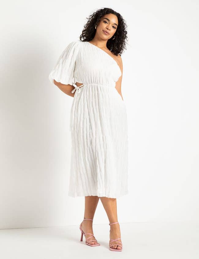 model wearing the white dress