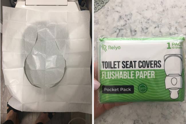 Disposable paper toilet seat cover placed on a toilet on the left; hand holding flushable paper toilet seat covers pack on the right