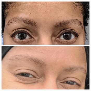 reviewer with thin eyebrows that look thicker and darker after using the scalp oil for a few weeks