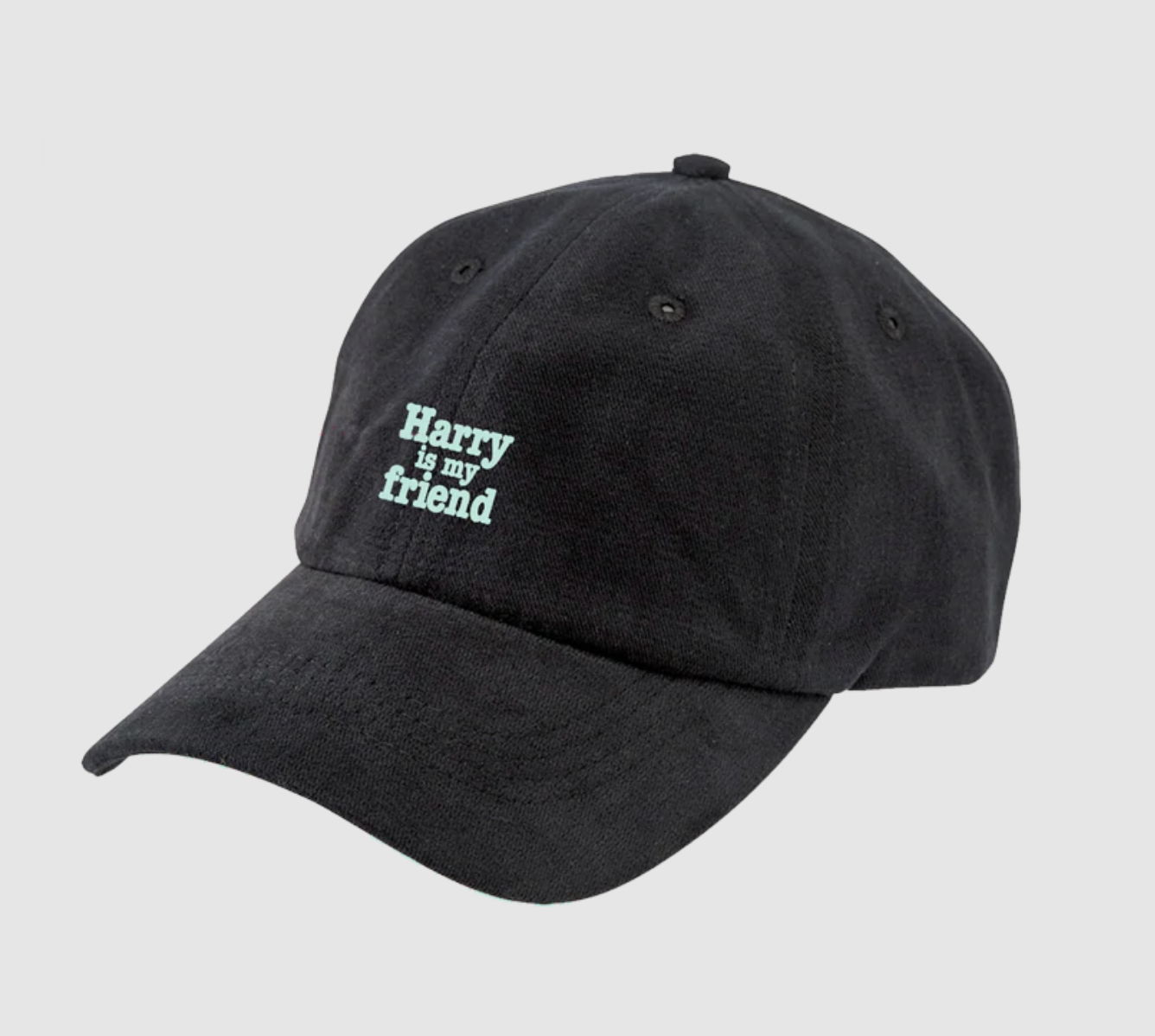 black hat with light blue text on it that reads 