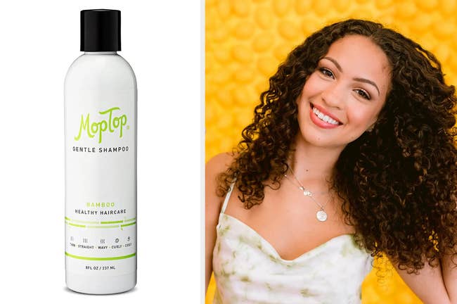 Lime green, white, and black shampoo bottle on a white background, model with bouncy coily brown hair in a sweetheart dress on a yellow background