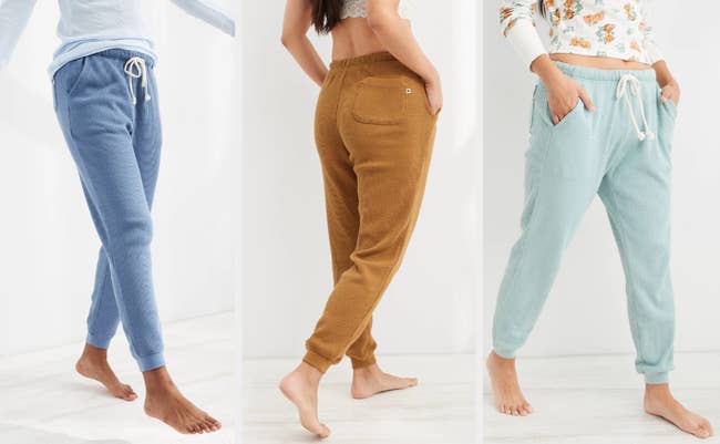 Three images of models wearing blue and brown joggers