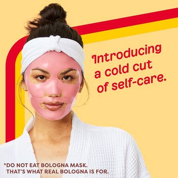 a model with the bologna face mask on