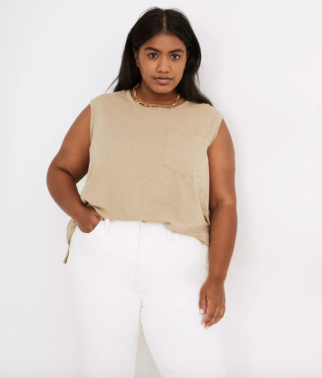 model wearing the olive green tank