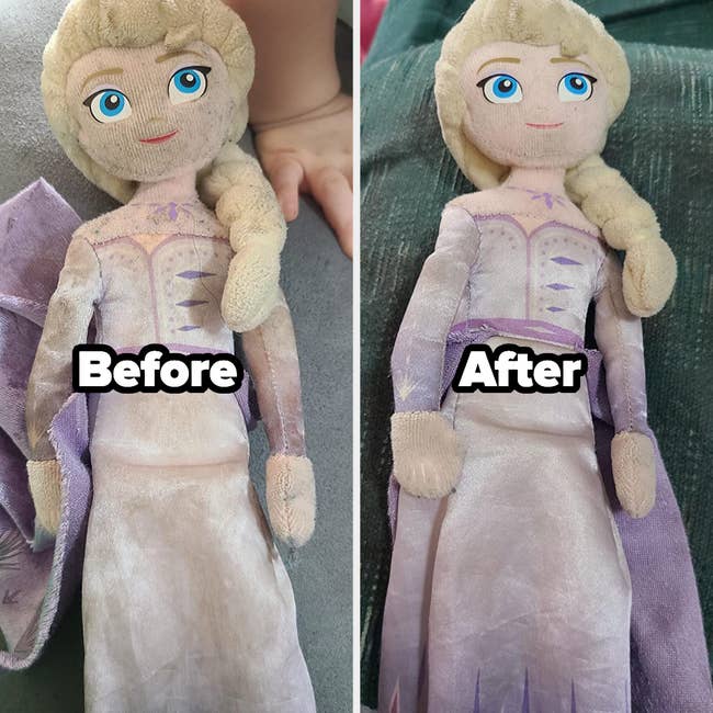 a side by side of a child's doll before and after being cleaned with a tide to go pen