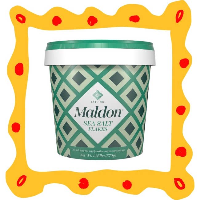 Maldon Sea Salt Flakes bucket with a geometric design