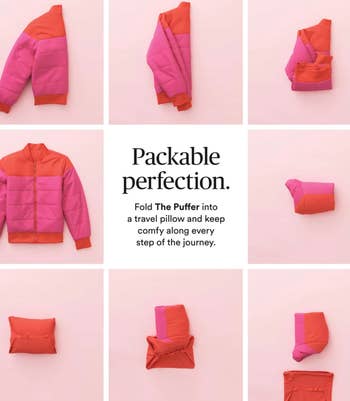 eight boxes showing how the jacket folds up and fits into a small bag that makes it a pillow