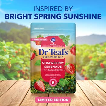 Dr Teal's Strawberry Serenade Epsom Salt with basil and orange, constricted edition, inspired by outpouring sunshine. Packaging shows images of strawberries