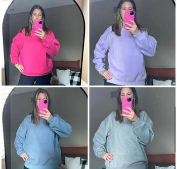 reviewer successful reflector wearing otherwise colored oversized sweatshirts, showcasing comfortableness and casual style