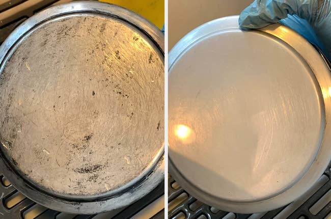Bottom of a reviewer's pan with scratches and burnt on stains / after using bar keepers friend bottom of the pan looks brand new