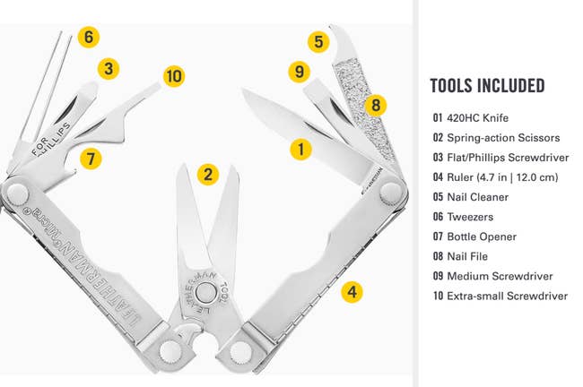 Leatherman multi-tool kit with labeled tools: knife, scissors, flat/phillips screwdriver, ruler, nail cleaner, tweezers, bottle opener, nail file, medium screwdriver, extra-small screwdriver